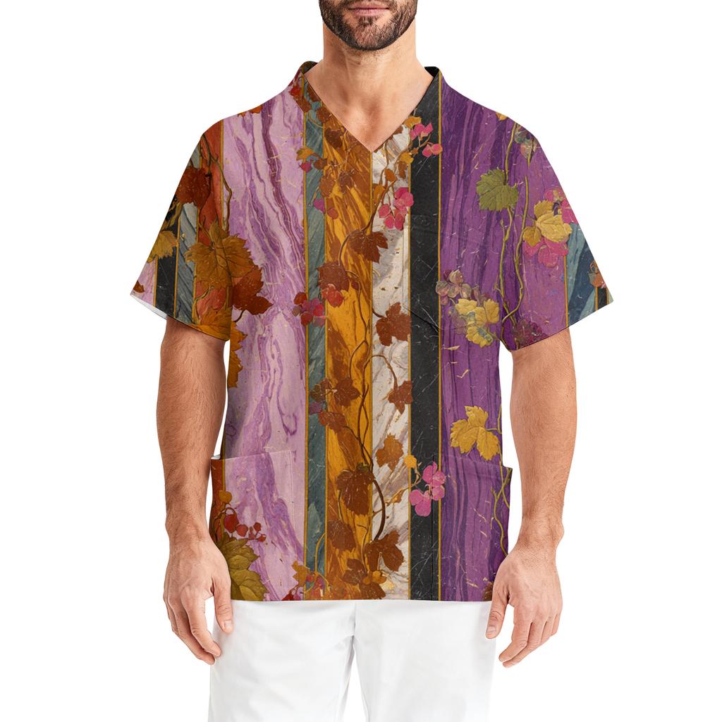 Men's Printing Short Sleeve V,neck Working Blouse Chest Pocket Carer Top