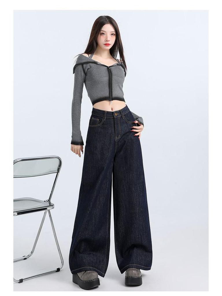 Dámské retro tmavě modré džíny s širokými nohavicemi a vysokým pasem 2025 - Jarní kolekce, Volný střih, Ležérní styl, Kalhoty s rovnými nohavicemi