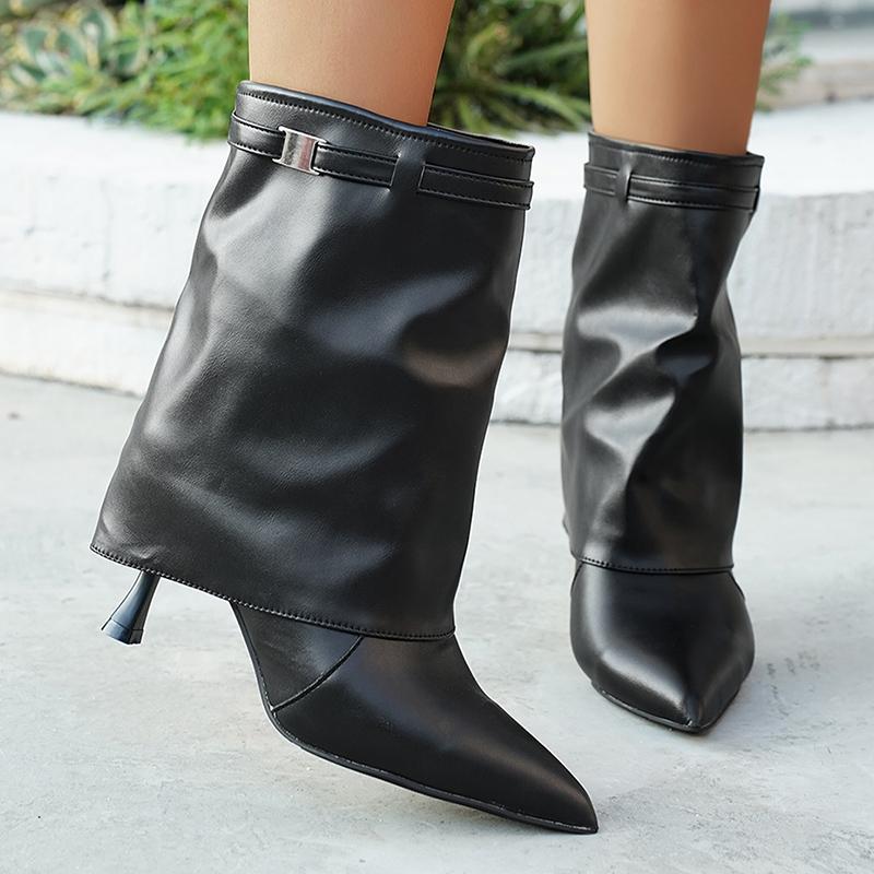 

Luxury Black Thin High Heels Ankle Boots Women Sexy Pointed Toe Black Pu Leather Boots Woman Slip On Fashion Short Booties 43 43