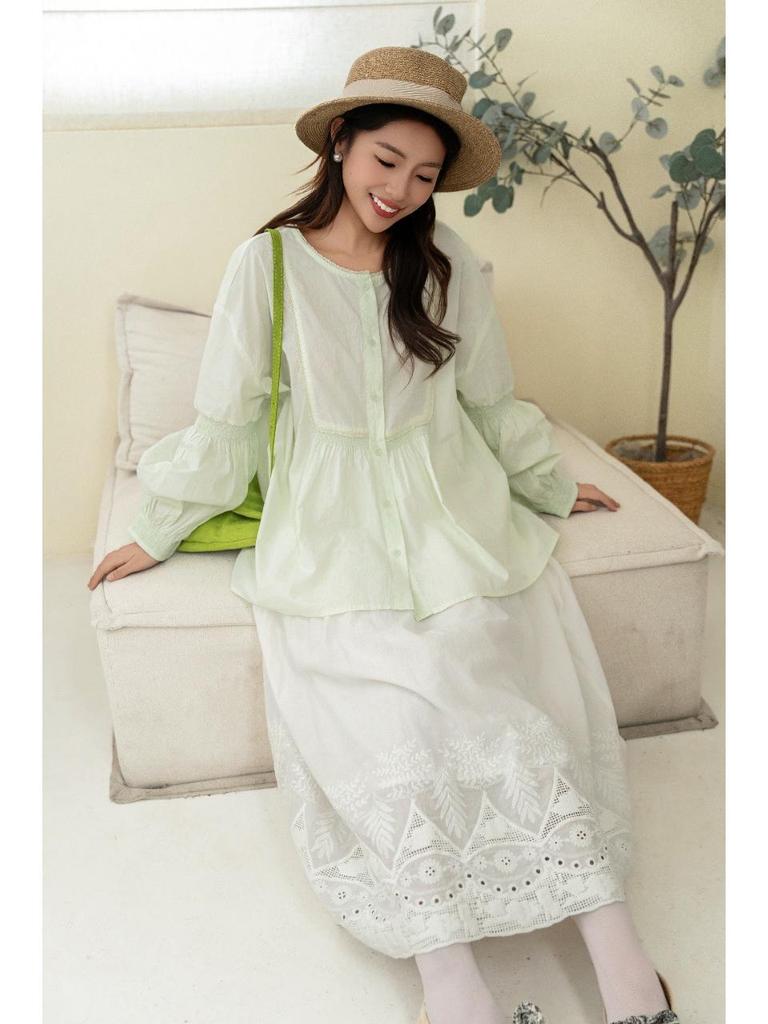2026 Spring Women's Sweet Puff Sleeve Cardigan, Round Neck, Loose Slimming Cotton Long Sleeve Top
