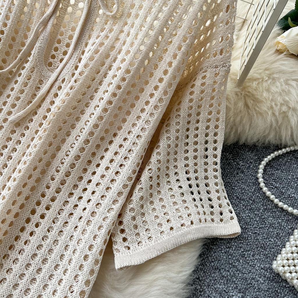 Hollowed-out Grid Knitted Dress Summer Lace-up Short-sleeved Slit Loose Dress