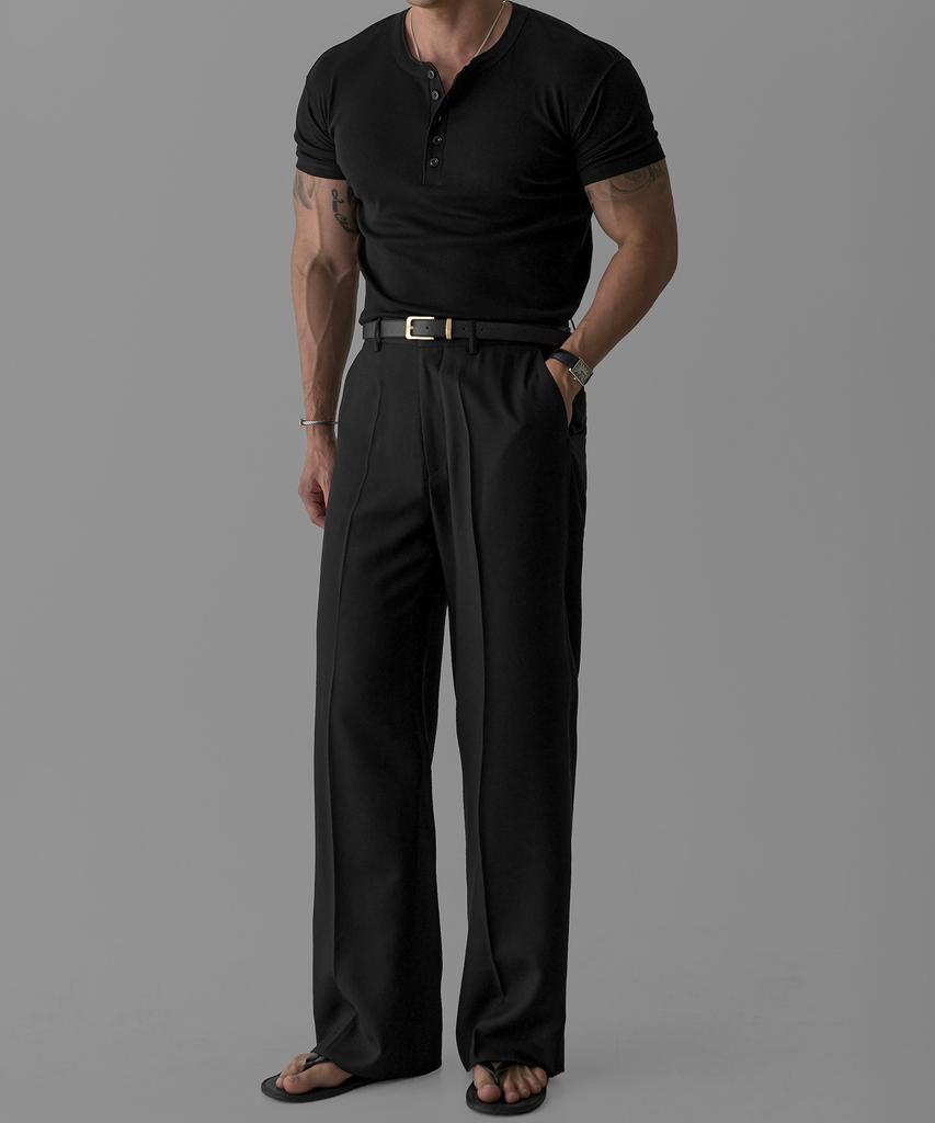Baulopeulodeogteu Tencel Ribbed Henley Neck Muscle Short Sleeve T-Shirt [Black]