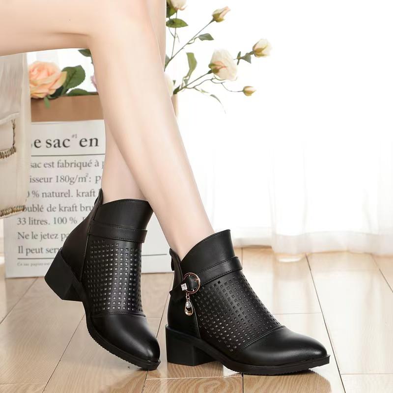 Women Genuine Leather Hollow Out Ankle Boot Spring Summer High Quality Block Heel Big Size Round Toe High Top Zippers Cool Boots