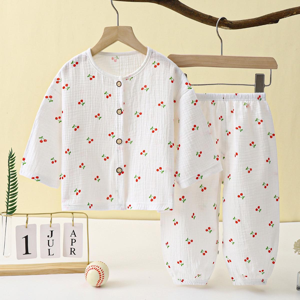 

Детский двухслойный марлевый пижамный комплект: Летний комплект из двух частей с топом с длинными рукавами и шароварами для мальчиков и девочек 80cm (for 60-70cm height)