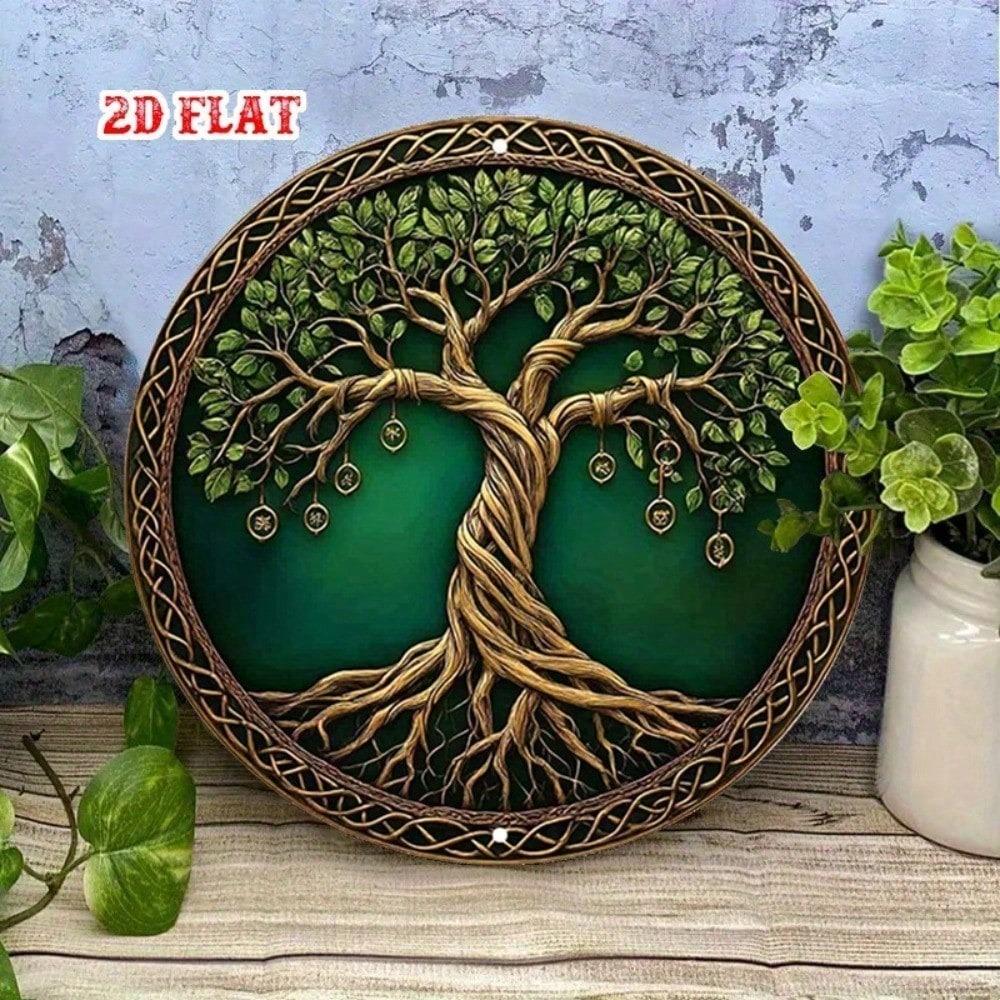 Vintage Green Gold Metal Wall Art Celtic Tree Sign, 2D Flat Aluminum Decor Heavy Duty For Living Room