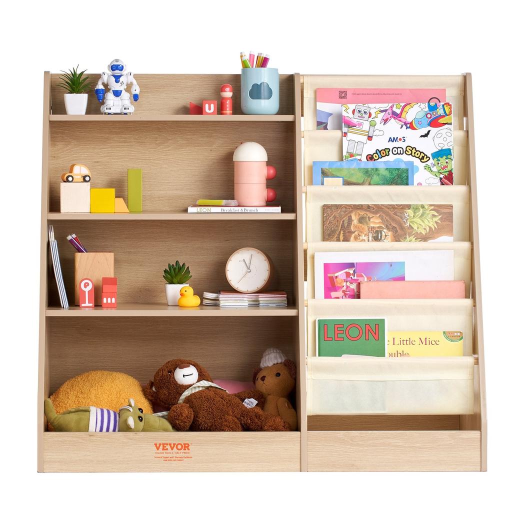 4-Tier Kids Wooden Bookshelf, Six-Layer Sling Bookcase, Baby Storage Book Rack, Book Toy Organizer Cabinet, for Kids Room, Playroom, Kindergarten,