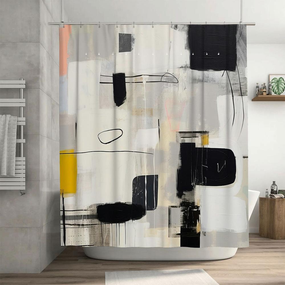 Abstract Modern Bathroom Shower Curtain Set Decorative Black White Grey Yellow Printed Waterproof Fabric Bath Mat