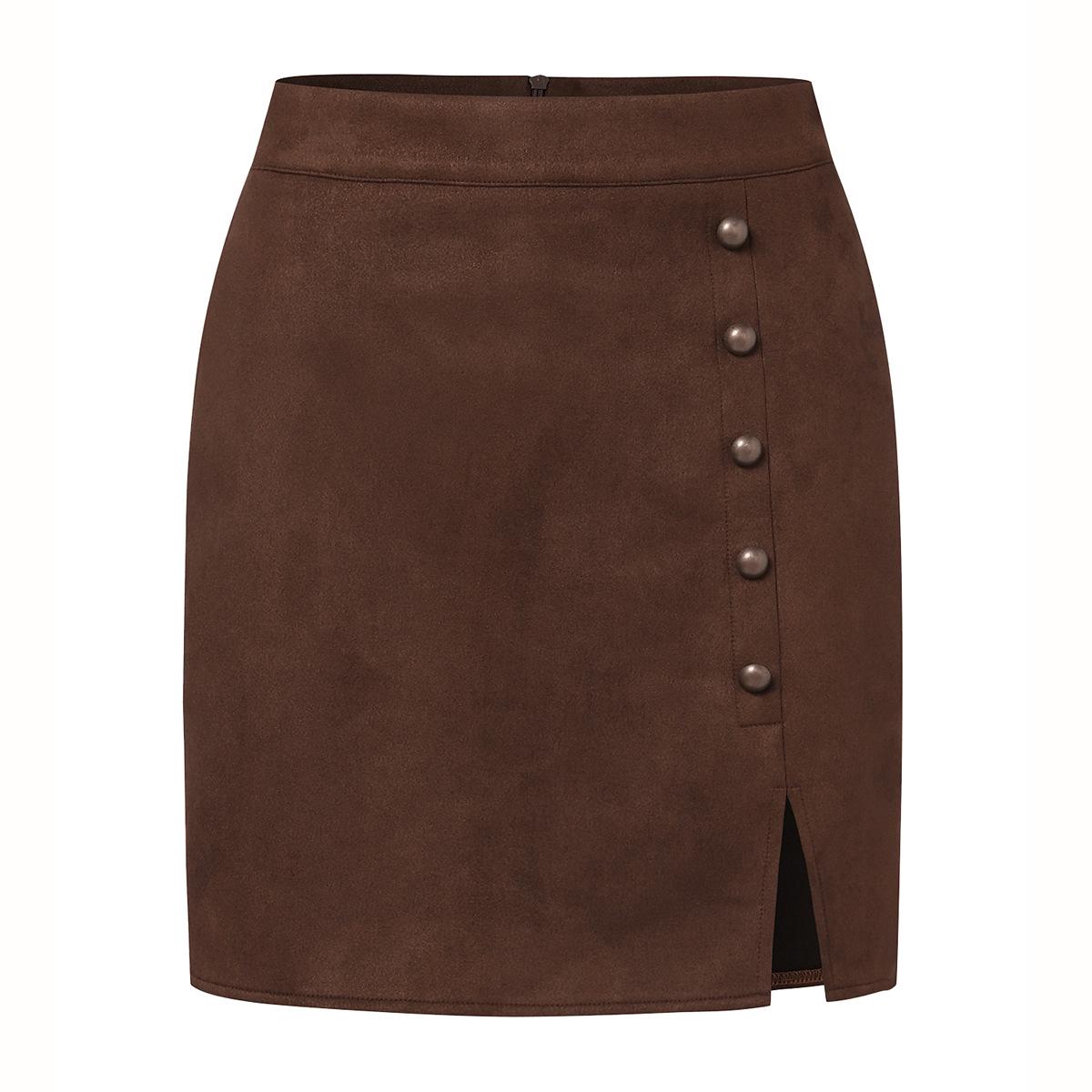 

2023 Autumn/Winter Women s Solid Suede High Waist Mini Skirt with Metal Buckle Small коричневый