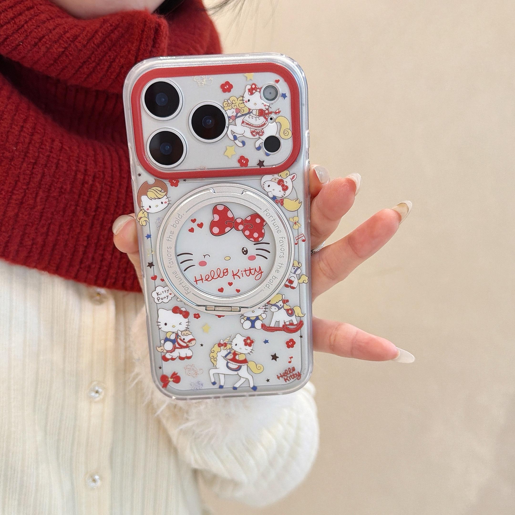 

Kawaii 360 Degree Rotating Magnetic Horse Riding KT Phone Case for iPhone 17 15 Pro 16 Pro Max Cover Cartoon Shockproof Fundas iPhone17 красный