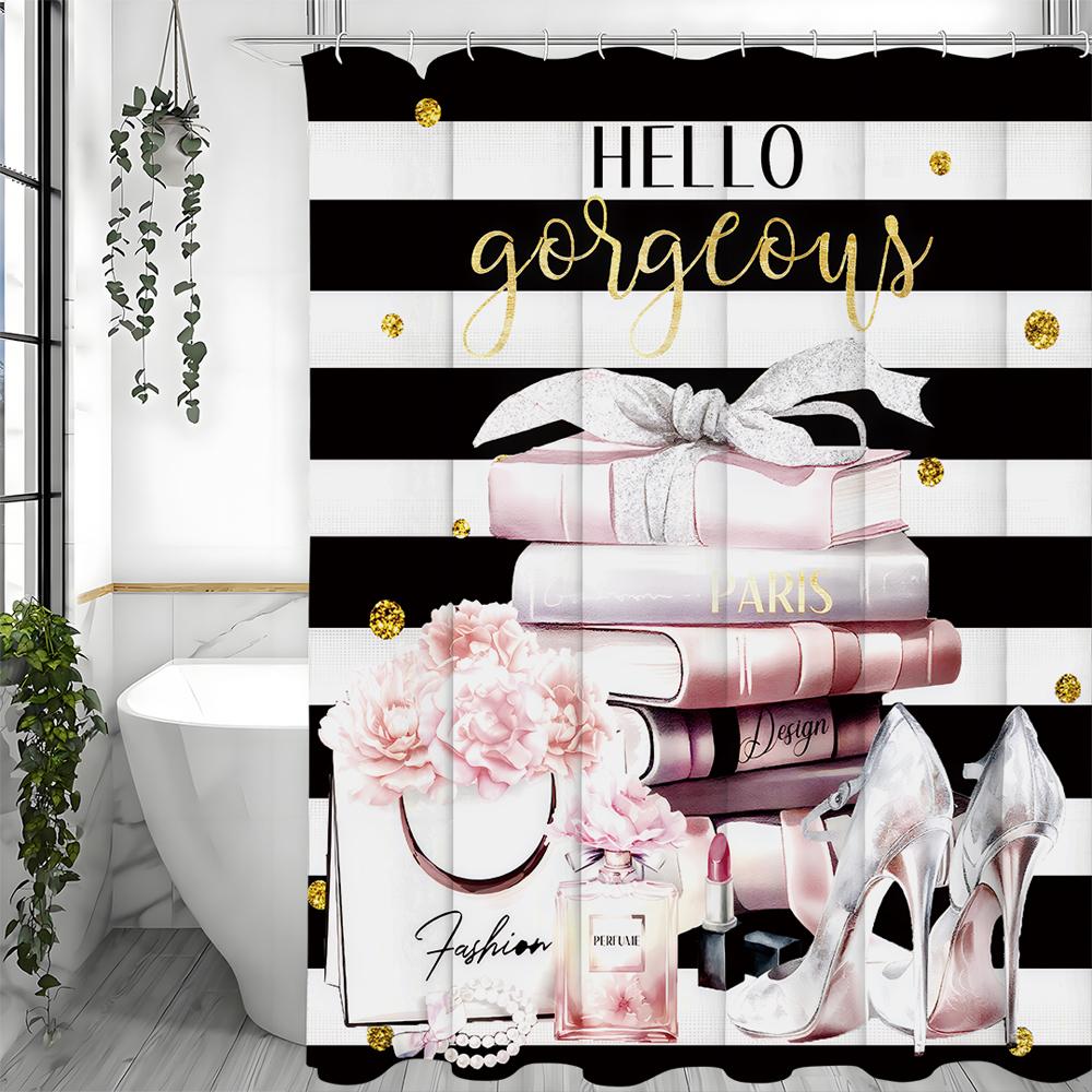 Svartvitrandiga Böcker Nejlikklackar Parfym Läppstift Duschdraperi, Dekorativt Duschdraperi för Badrum, Vattentät Sh