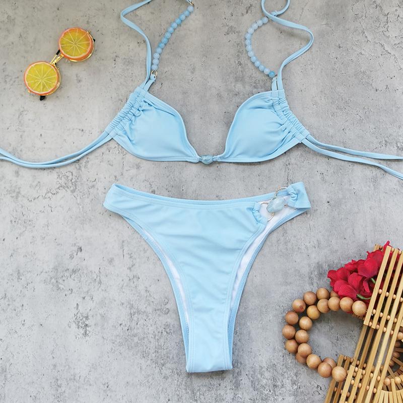 

Купальник бикини халтер с бусинами, купальник с V-образным вырезом, женский раздельный купальник, однотонный купальник, купальный костюм, лето L синий