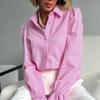 Simple Commuter Blue Cotton Shirt 1116 Spring Inner Flared Sleeve Lapel Shirt Medium and Long Professional Women's Clothing