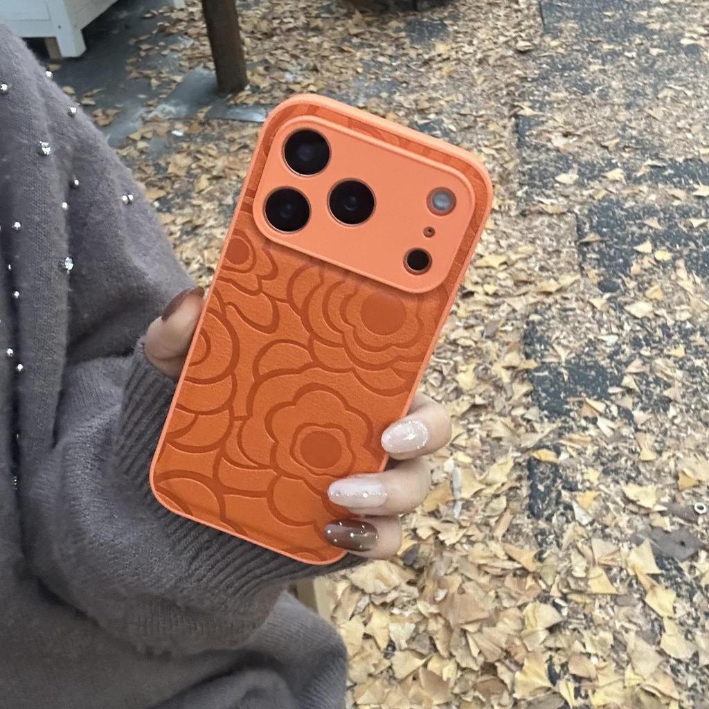 Luxury Camellia Leather Texture Phone Case for iPhone 17 Pro Max & 16, Autumn/Winter Edition