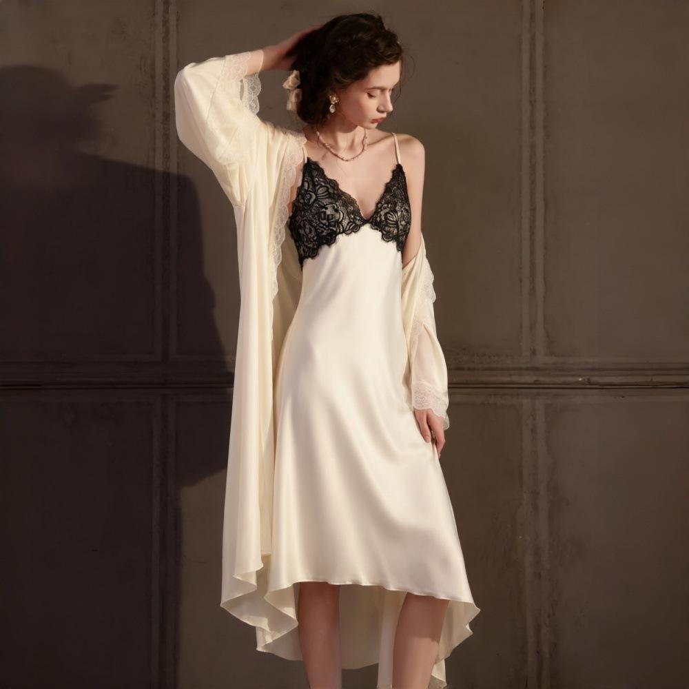 New long dress women's summer sexy ice silk pajamas suspender lace backless imitation silk homewear
