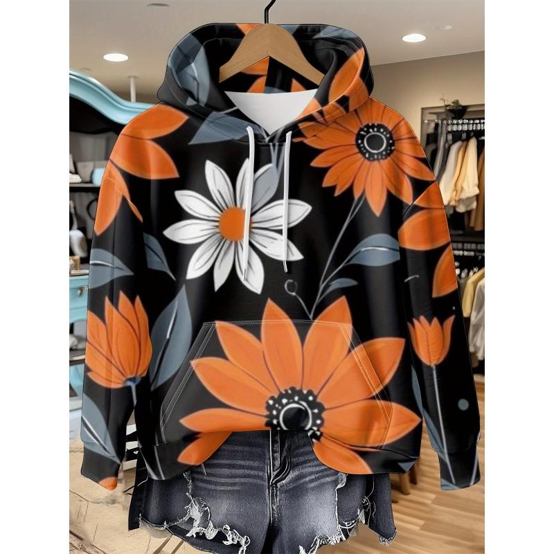 Womens Relaxed Fit Hooded Long Sleeve Sweatshirt With 3D Floral Plaid Print Breathable Comfort Casual Top