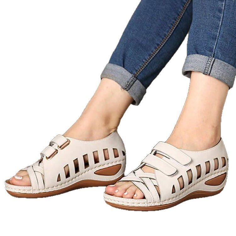 Foreign trade Roman sandals European and American new large size wedge heel fish mouth sandals women's hollow Velcro outer women's shoes