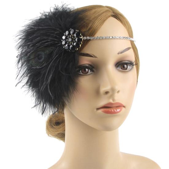 Atraktivní ušlechtilá čelenka Gatsby odolná proti opotřebení s drahokamu zapuštěným střapcem z peří na taneční párty