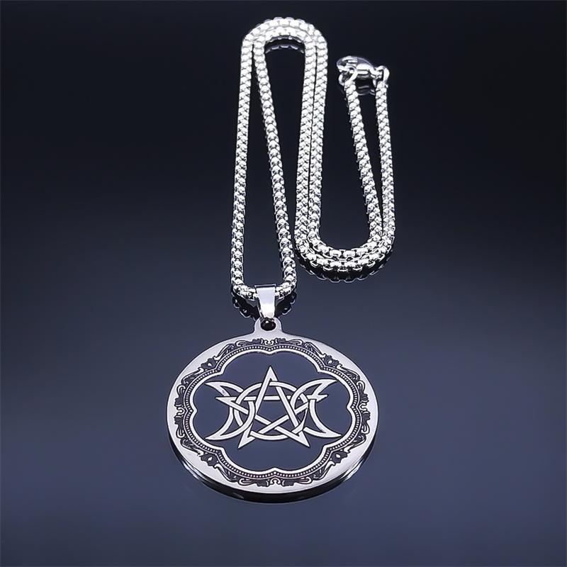 Triple Moon Pentagrams Pendant Necklace Stainless Steel Divination Astrology Necklaces Pagan Jewelry collares para mujer N7756S2