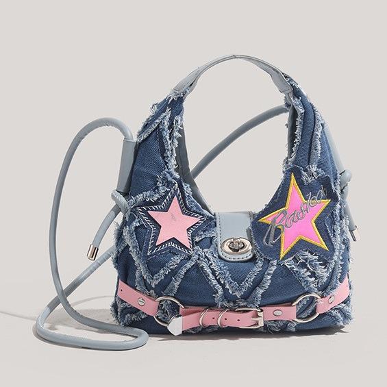 2024 Spicy Pink Star Patch Frayed Denim Crossbody Bag джинсовый синий