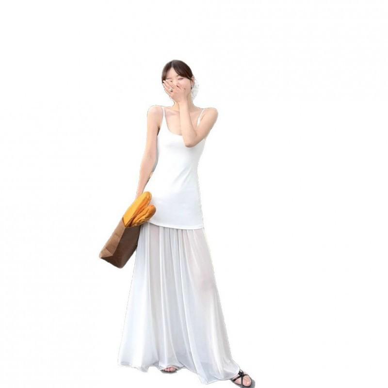 Design Mesh Splicing Suspender Dress Female Niche Temperament Waist Long Gentle Style White