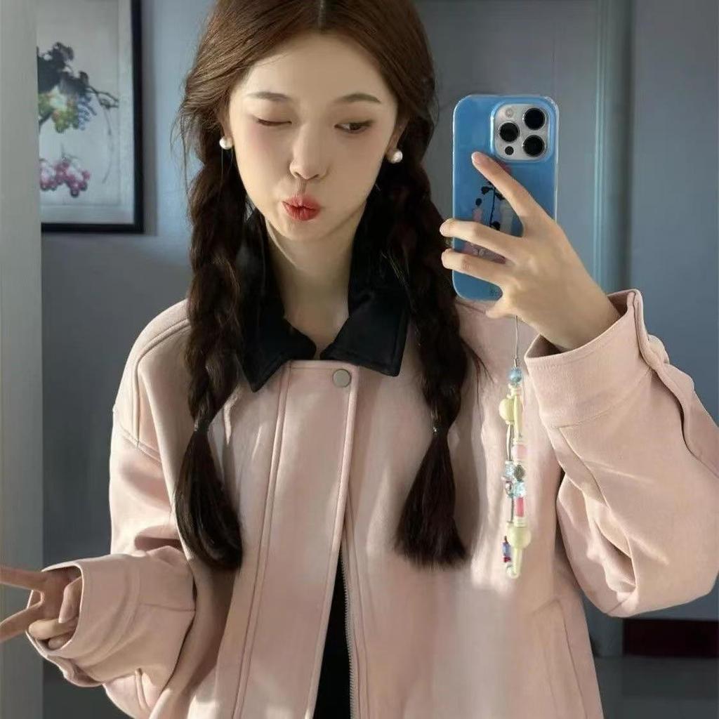 Women's Pink Lapel Casual Baseball Jacket - Loose Fit, Autumn Style