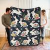 1pc Cozy Rabbit & Floral Print Fleece Blanket - Soft Breathable 100% Polyester, Dark Blue with White Rabbits & Pastel Flowers, A