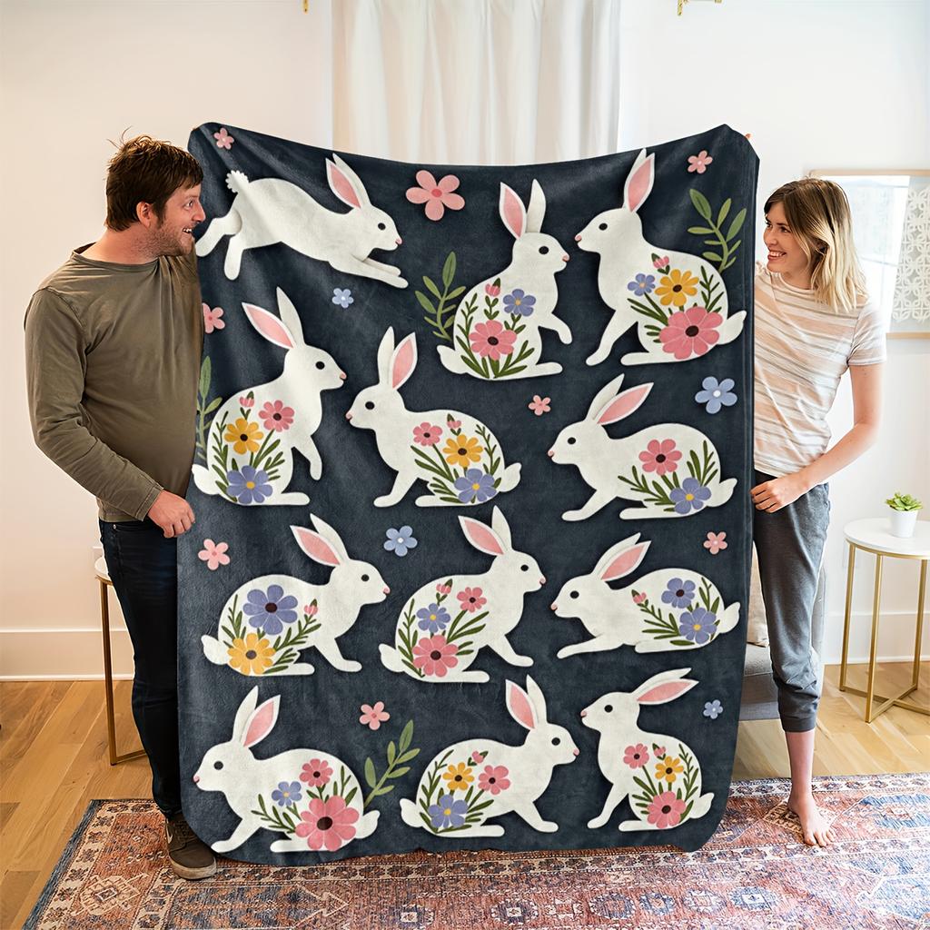 1pc Cozy Rabbit & Floral Print Fleece Blanket - Soft Breathable 100% Polyester, Dark Blue with White Rabbits & Pastel Flowers, A