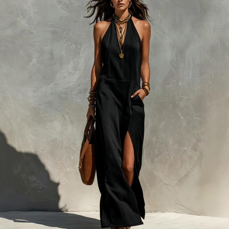 New European and American V-neck split-ended dress for women's summer solid color thin holiday long dress sleeveless neck shirt skirt