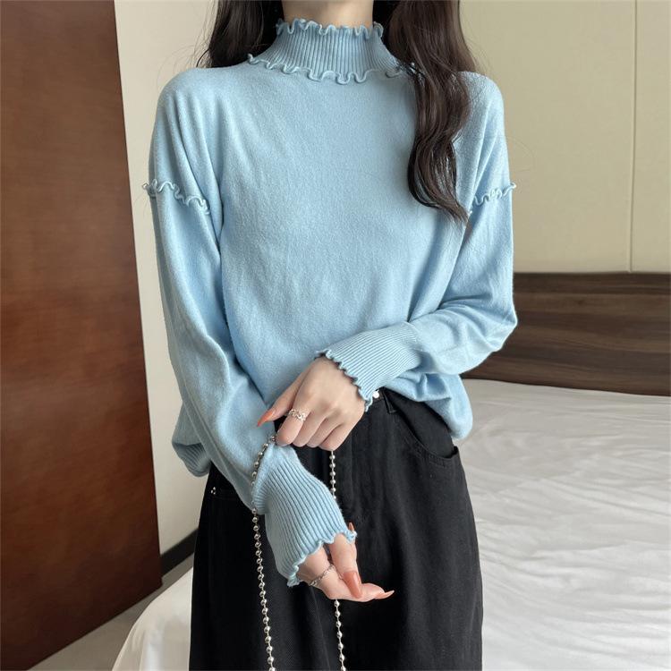 

Wood ear edge semi-turtleneck knitted solid color shirt women s autumn and winter inner sweater long sleeve casual versatile one size fits all