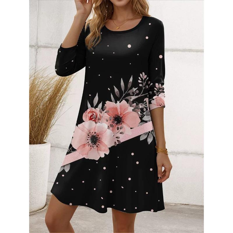 Street Long Sleeve Floral Pattern Women Mini Dresses All Season 3D Flower Printed Elegant Ladies Dress