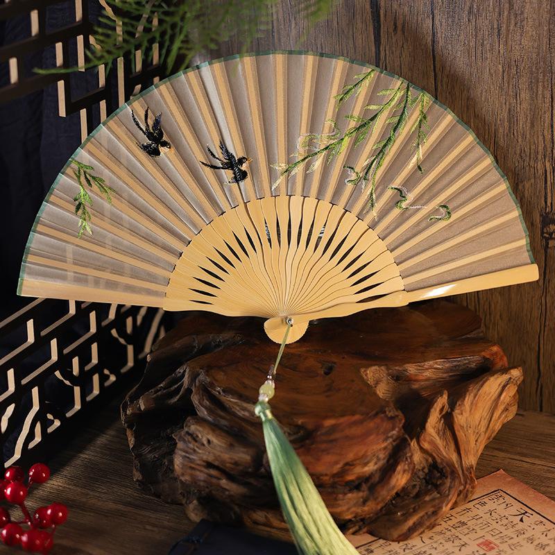 Chinese Style Embroidery Fan Hanfu Cheongsam Show Folding Fan Dance Performance Fan Kungfu Qipao Matching Beautiful Women Fan