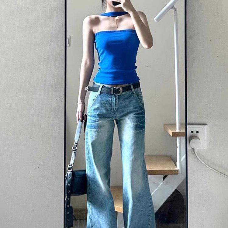 Dopamine Beachwear Women's Blue Halter Camisole – Slimming & Flattering American Crop Top for Summer.