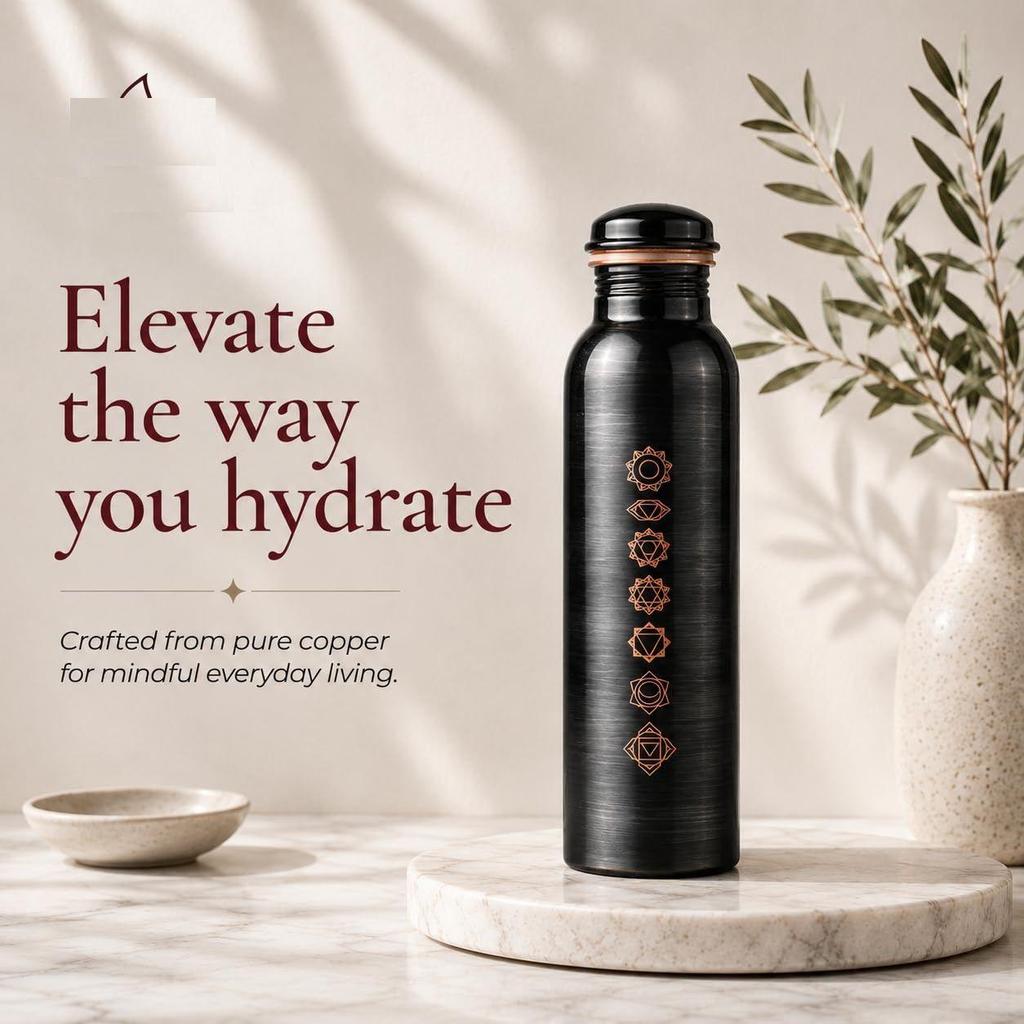 Pure Copper Water Bottle 1 Litre with Sacred (7 Chakras) Geometry Design | BPA Free & Leak Proof