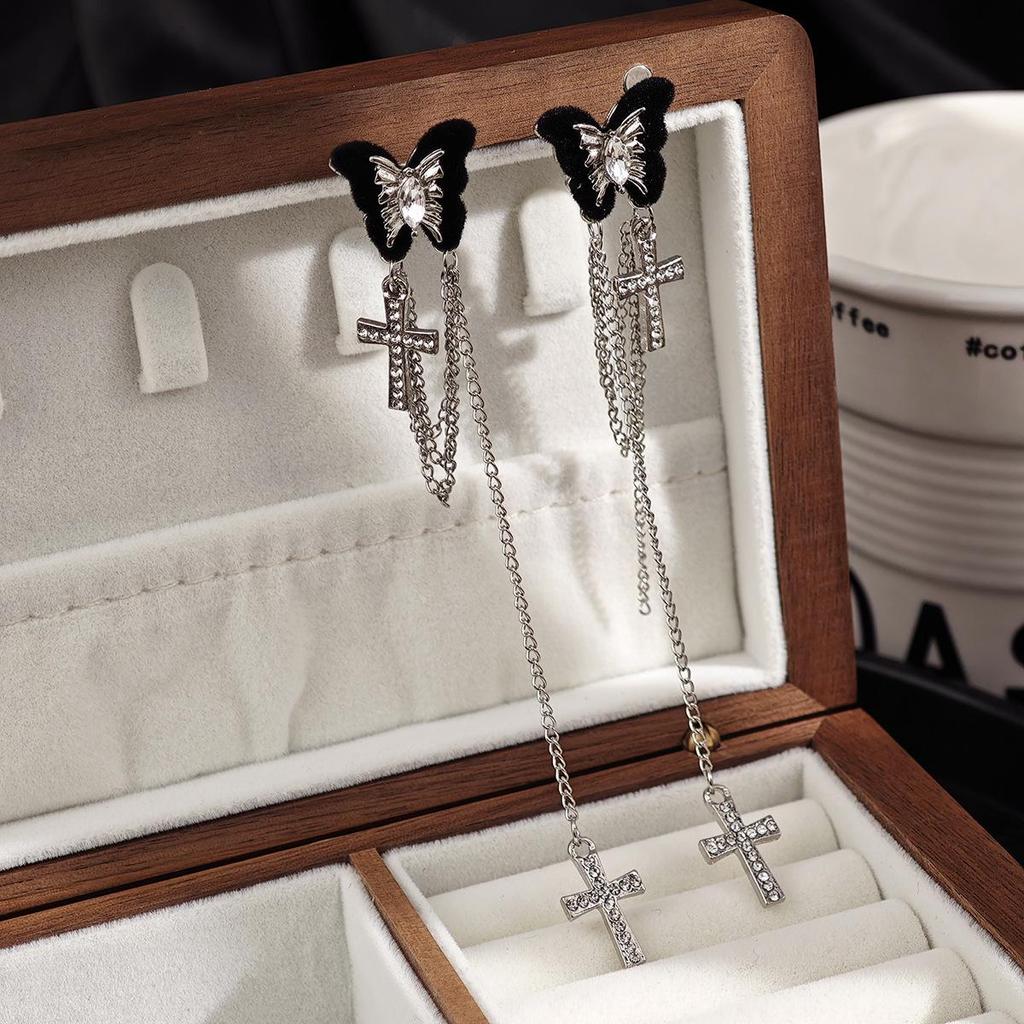 Luxury Silver Needle Black Butterfly Cross Tassel Geometric Earrings for Women