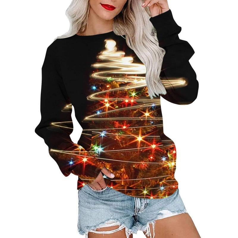 Autumn Winter Fashion Christmas Series Christmas Tree Elk Printed Pocket Round Neck Hoodie