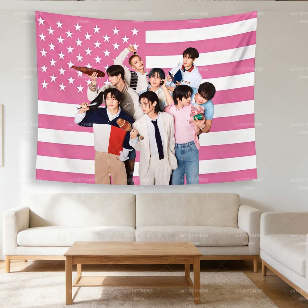 SKZ Pink American Flag Tapestry Flat Print SKZ Group Photo Wall Hanging Trendy KPop Fan Room Decor Banner for Bedroom