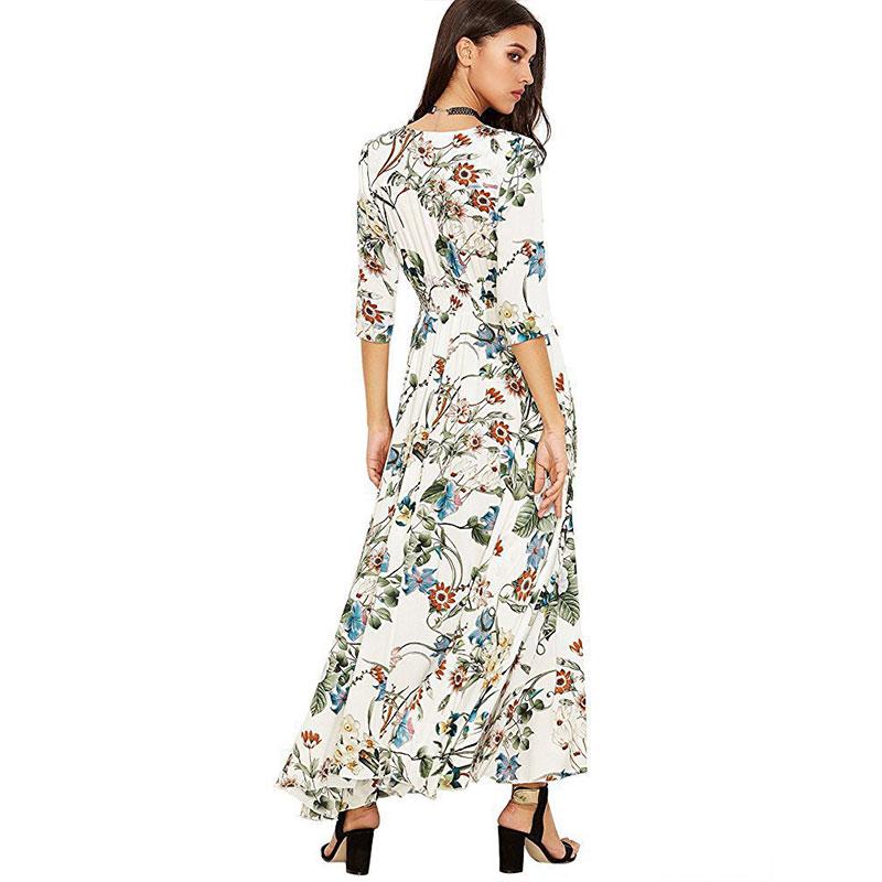 Robe longue ample à col en V et motif ethnique vintage bohème pour femme