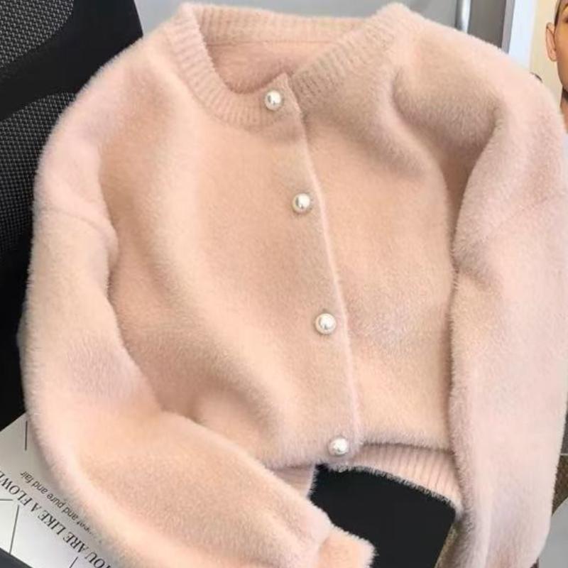Autumn Winter Mint Green Faux Mink Plush Sweater Cardigan Women Designer Niche Lazy Knit Top