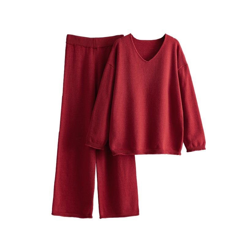 Solid color collar fashion set, new autumn and winter loose high-waisted casual sweater two-piece set