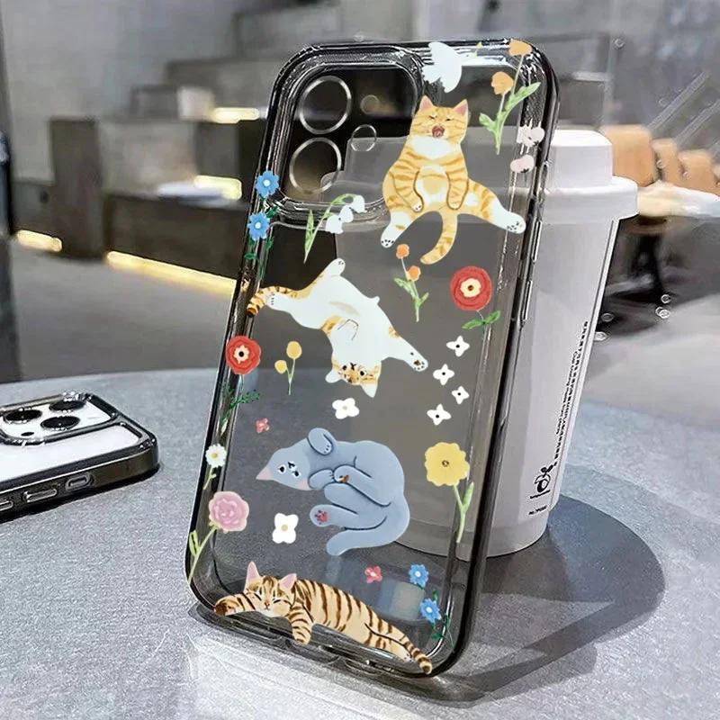 Graffiti Cartoon Dog Cat Phone Case For iPhone 15 Pro Max 14 12 13 11 16 16e Case X XR XS 7 8 Plus SE 3 Transparent Soft Cover