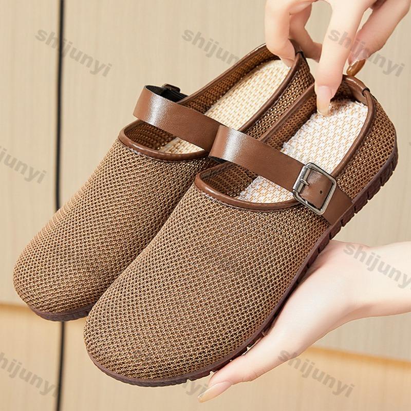 Fashion Women's Fly Weave Mesh Shoes Fashion Buckle Strap Lightweight Comfortable Casual Half Slippers Breathable Mesh Slip On Sandals