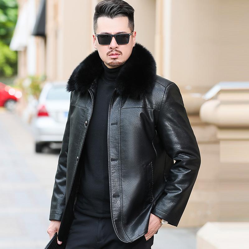 Veste en cuir véritable pour papa d'âge moyen, doublure en velours amovible épaissie pour l'hiver, col en fourrure de mouton, veste boutonnée pour homme