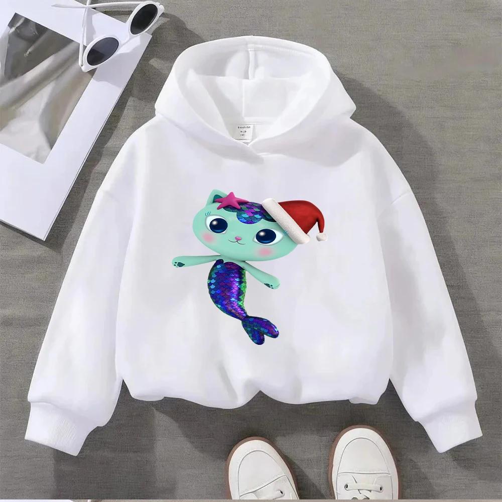 Niedlicher Meerjungfrauen-Katzen-Weihnachts-Hoodie für Kinder Buntes Schuppendesign Festlicher Weihnachtsmannhut-Druck