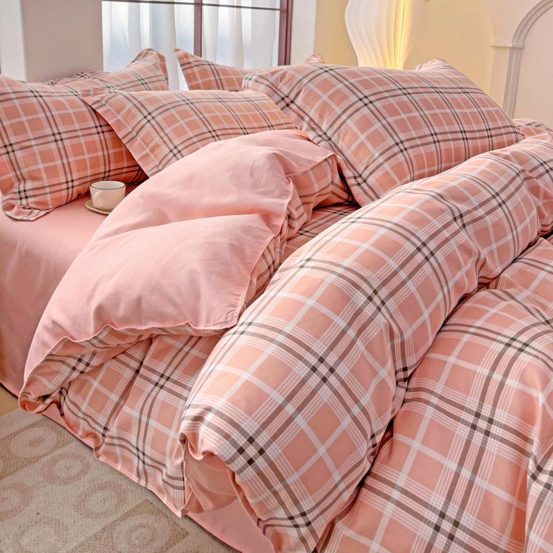 Soft Color Block Checkered Bedding Set Comfy 100% Washed Cotton Blue Plaid Duvet Cover Set King Queen Size Comforter Cover Sheet