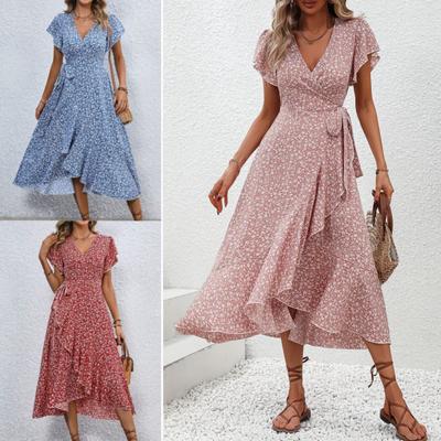 Letní květinové maxi šaty pro ženy, výstřih do V s krátkým rukávem a volánky