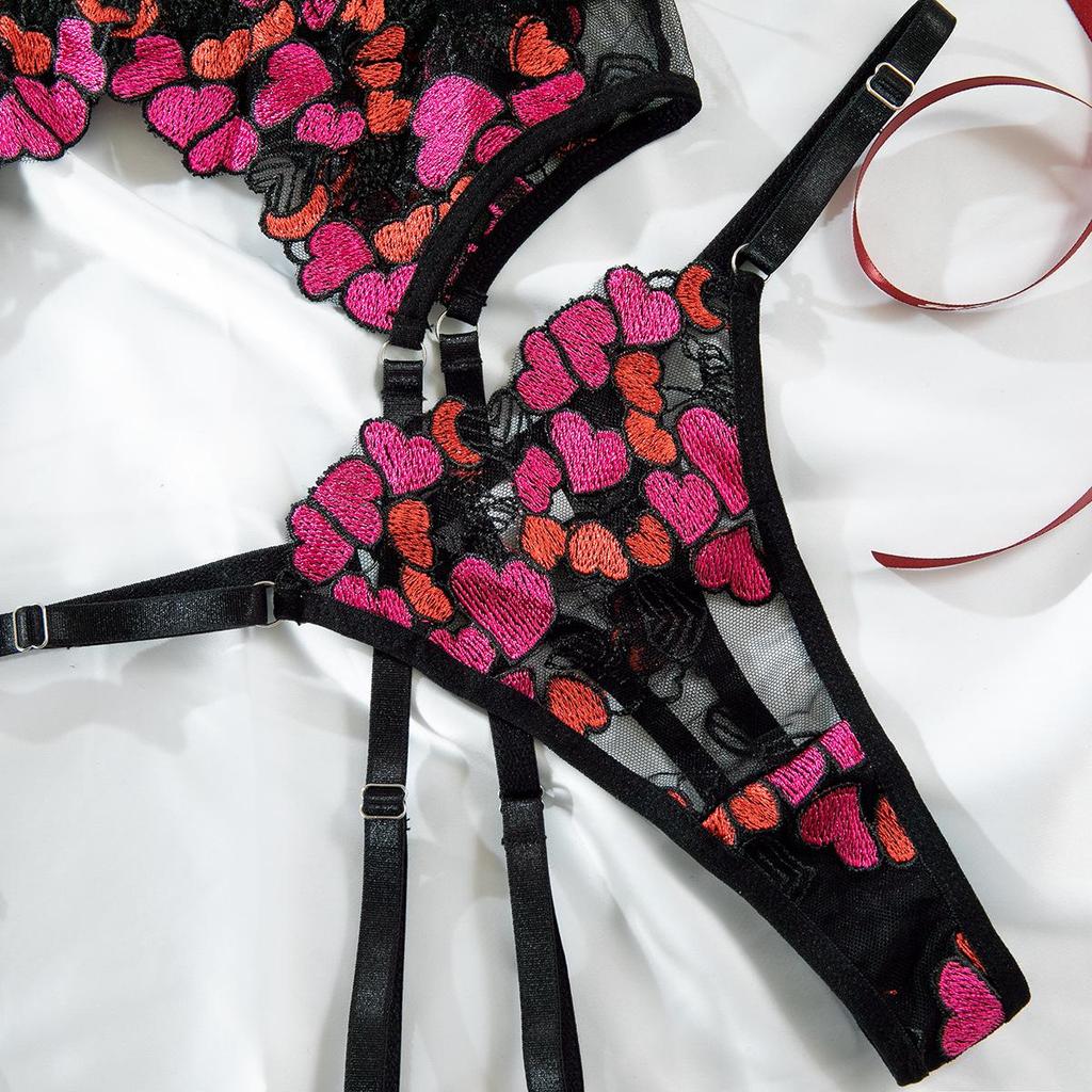 Embroidered Lace Lingerie Set: 4-Piece Transparent Bra & Panties