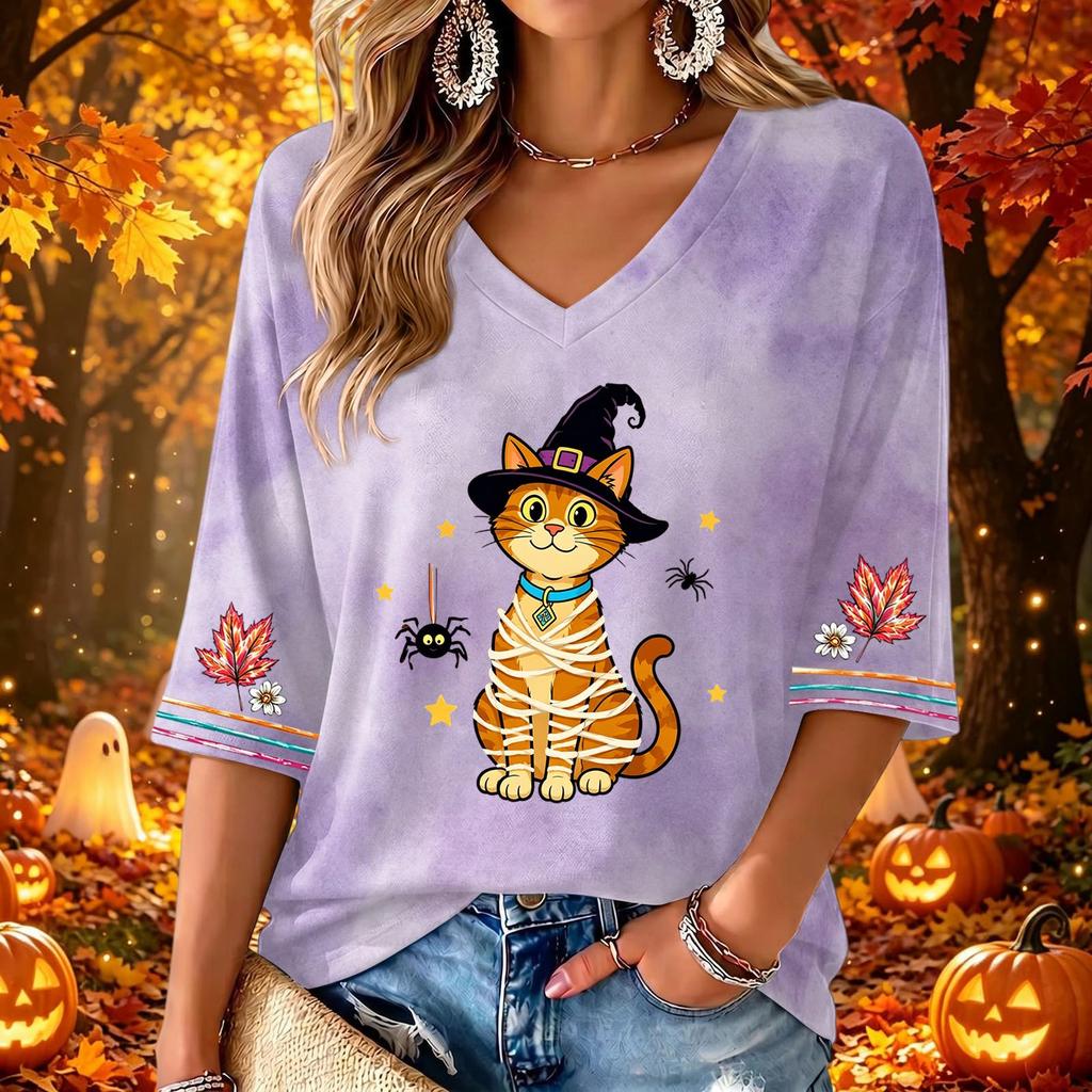 Women's V-Neck Three-Quarter Sleeve Casual Top with Halloween Print