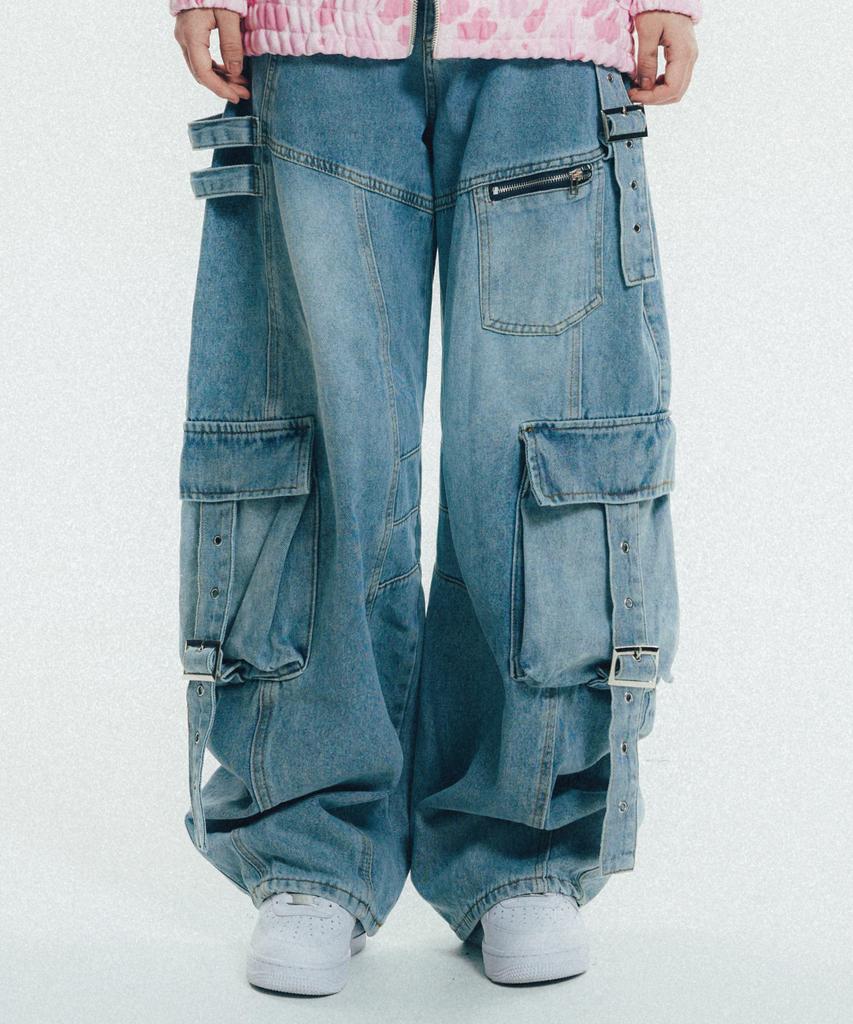 VENHIT Washed Cargo Denim Pants