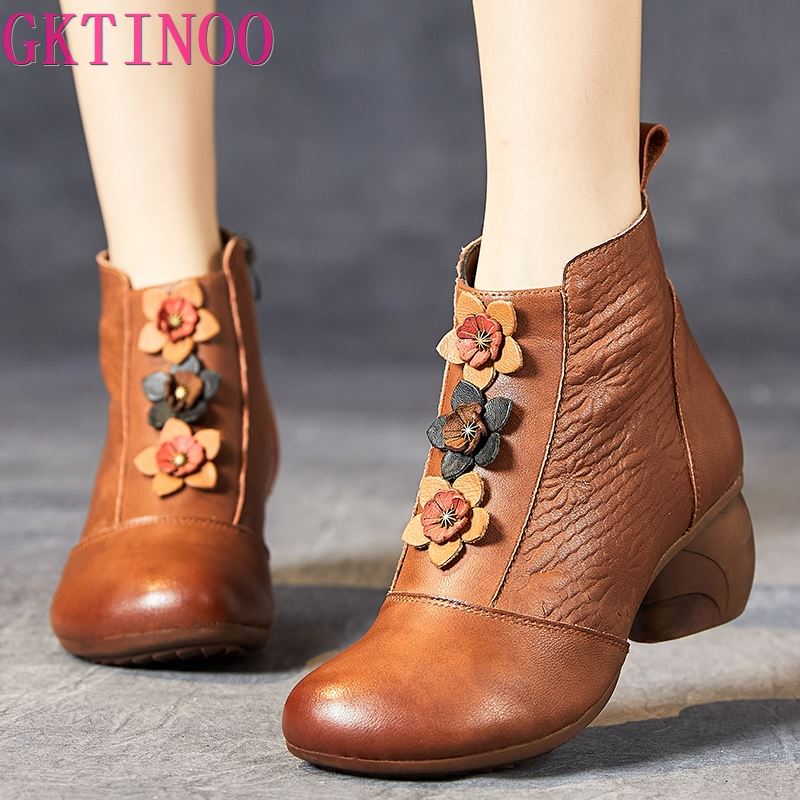 Fashion GKTINOO Women Boots 2025 Winter Genuine Leather Thick Heel Ankle Boots For Women Soft Soled Non-slip Casual Shoes Retro