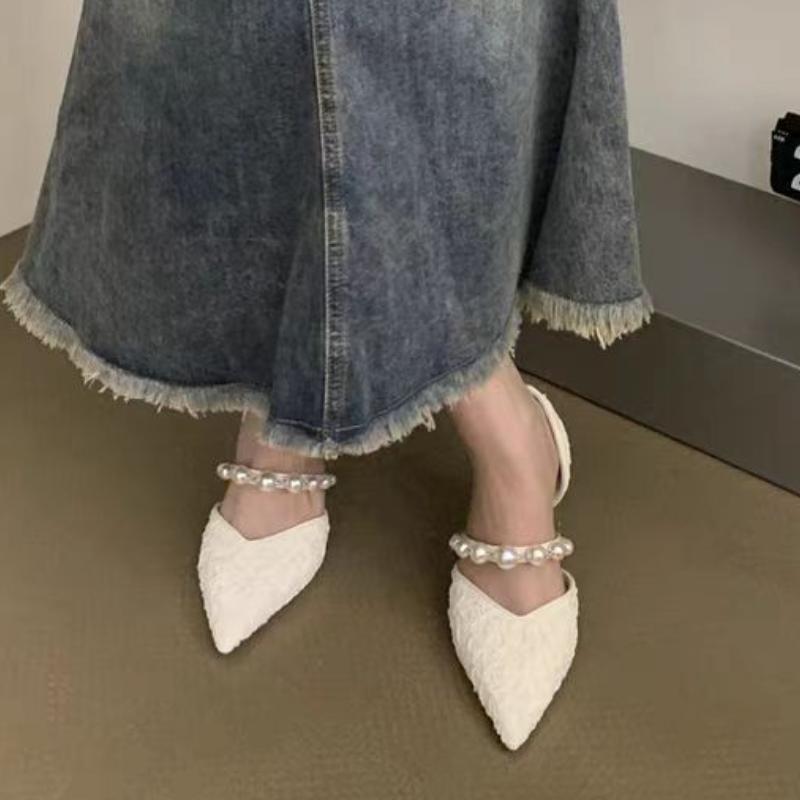 Fashion Summer Elegant Pleated Pointed Toe Fine Heel Temperament Baotou Sandals Spring New Back Baotou Heel Single Shoes Fashion Pearls